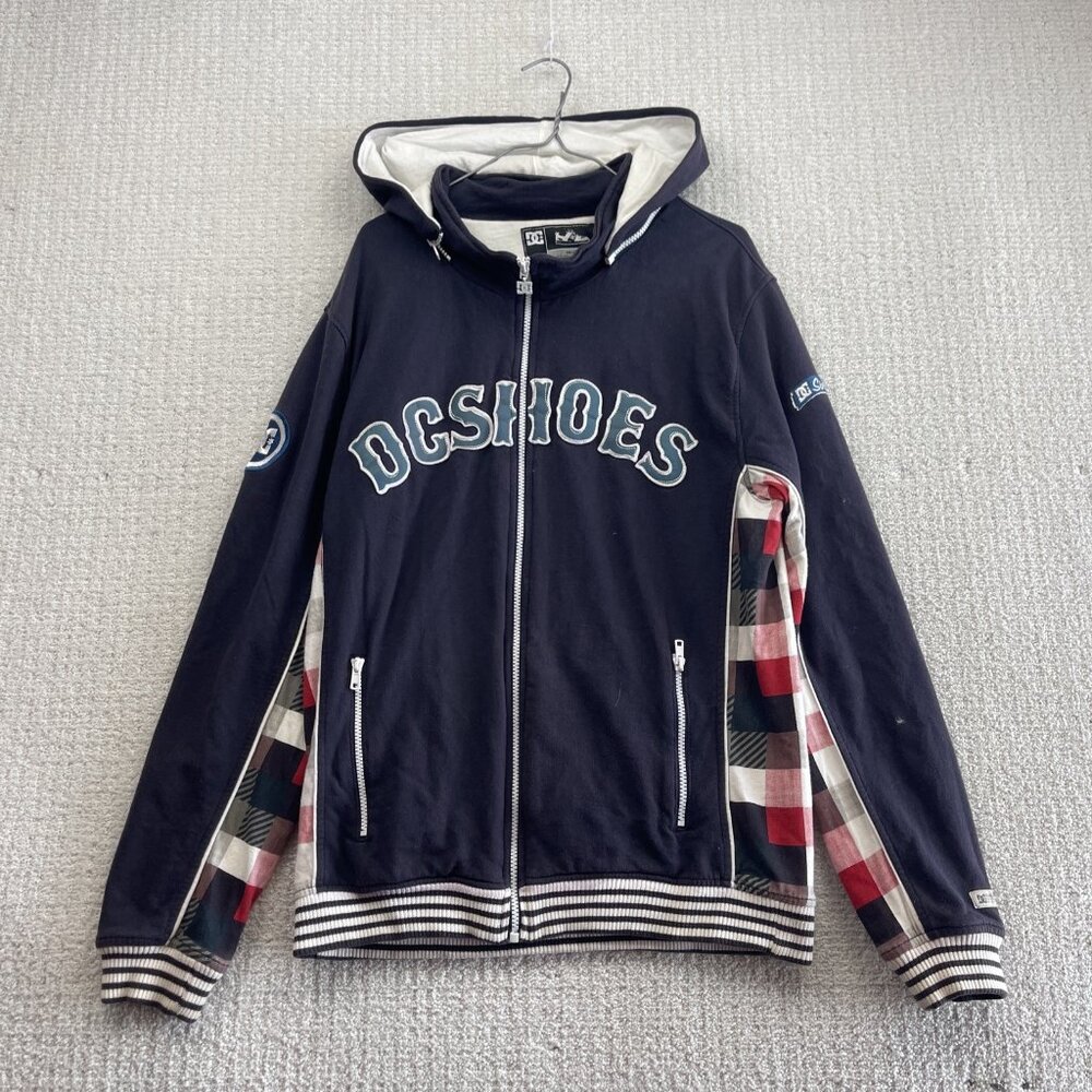 Y2K DC Shoes Full Zip Hoodie Jacket Plaid Spell out Script Skater Mens L Rare